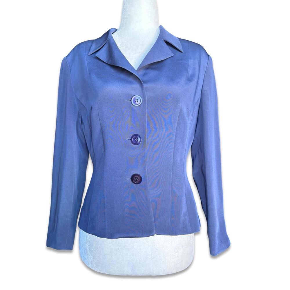 Vintage 90s Minimalist Hugo Buscati Collection Silk Blazer 6 Blue Button Front